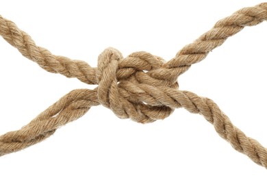 Photo of Hemp rope with square knot on white background