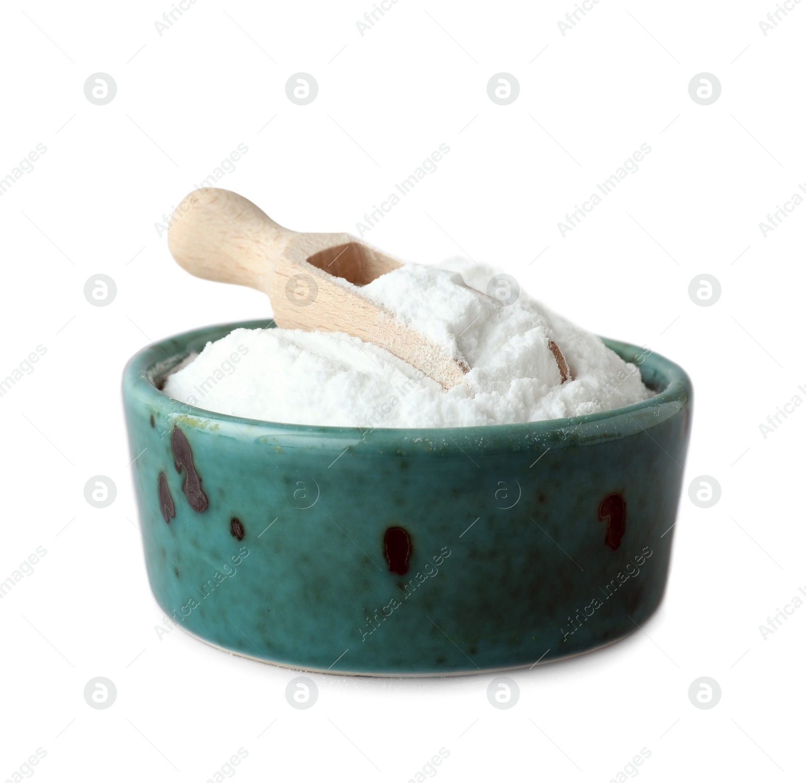 Photo of Bowl with sweet fructose powder and scoop isolated on white