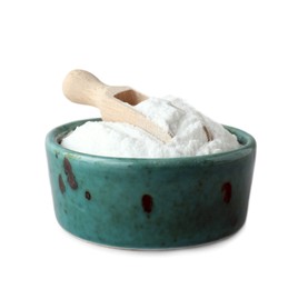 Photo of Bowl with sweet fructose powder and scoop isolated on white
