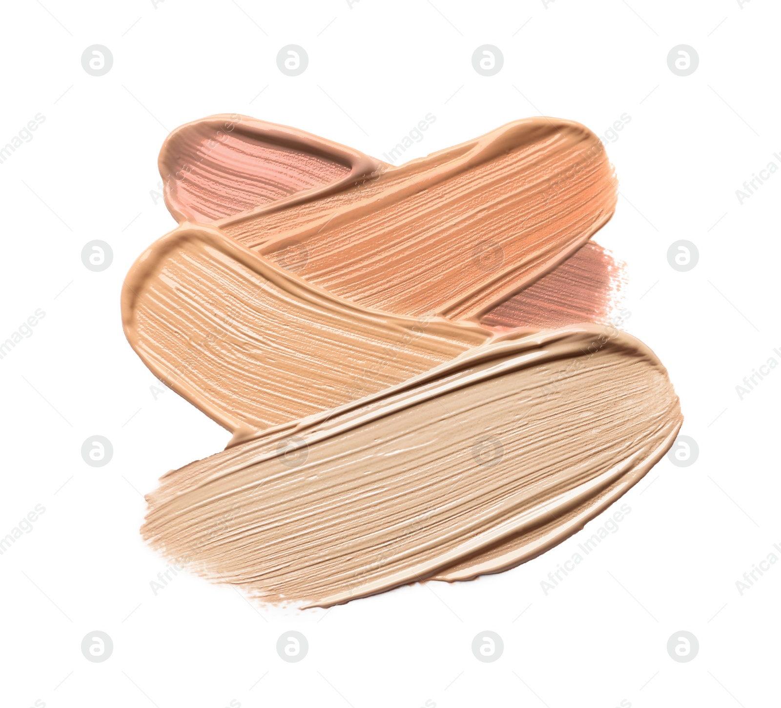 Image of Different shades of liquid foundation on white background, top view