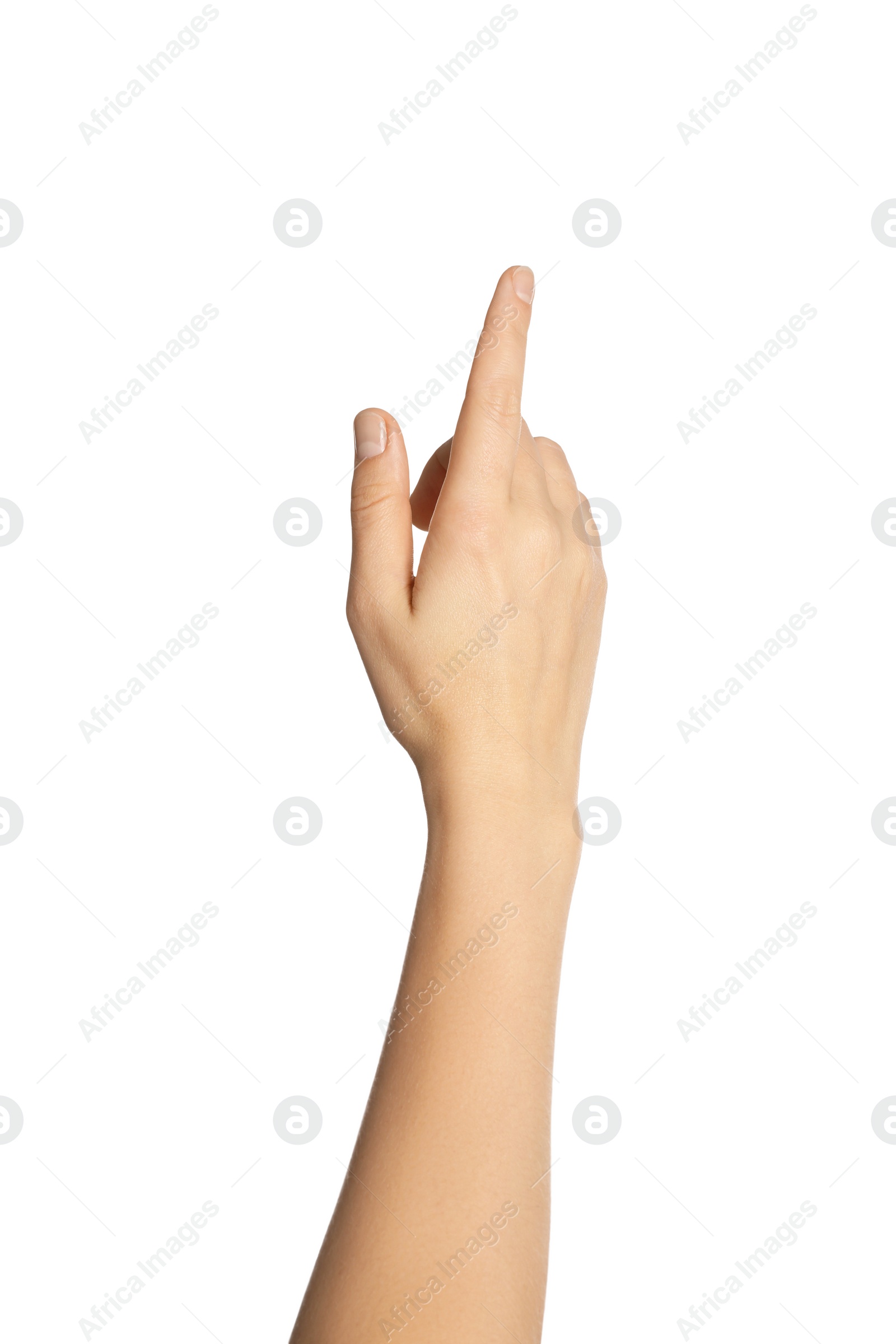 Photo of Woman pointing at something on white background, closeup of hand