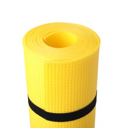 Photo of Rolled camping mat on white background, closeup