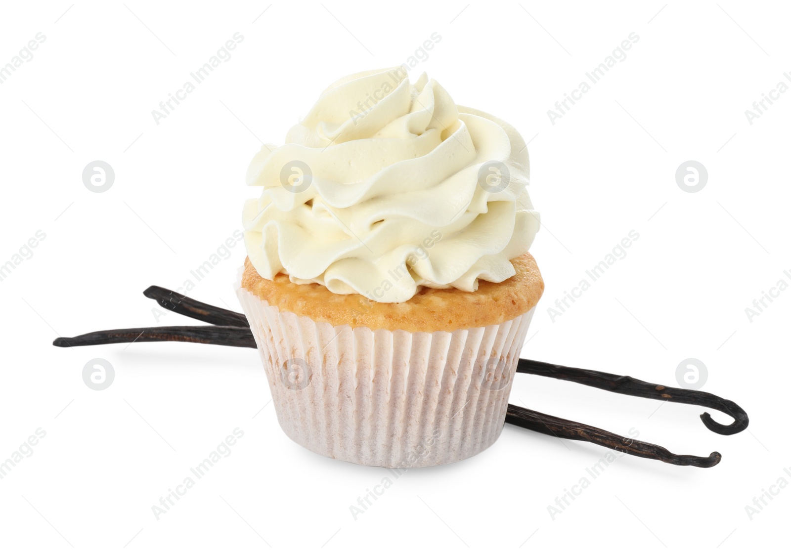 Photo of Tasty cupcake with cream and vanilla pods isolated on white