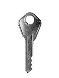 Photo of One modern steel key on white background