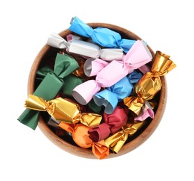 Photo of Bowl with candies in colorful wrappers isolated on white, top view