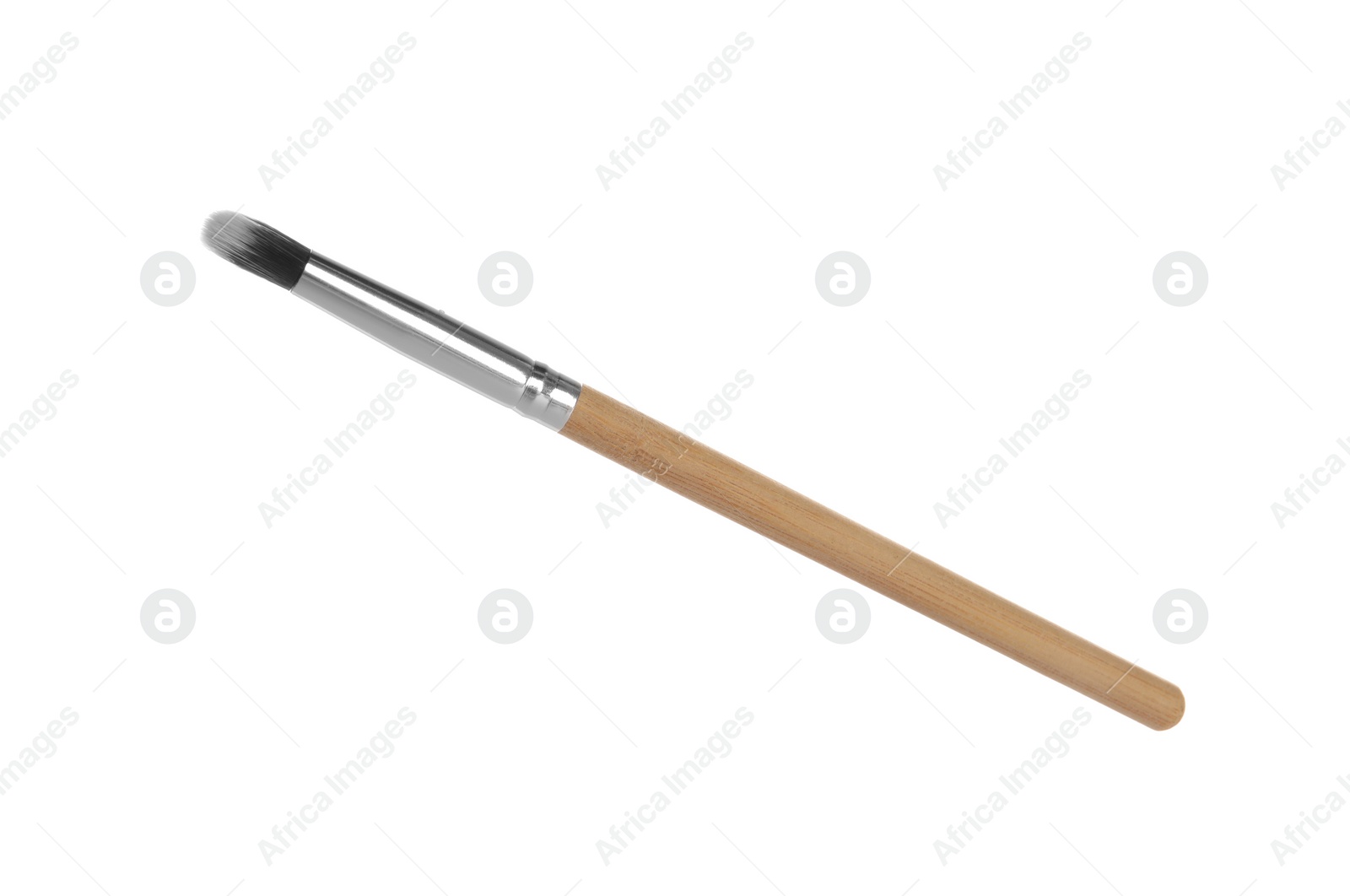 Photo of Makeup brush with wooden handle isolated on white