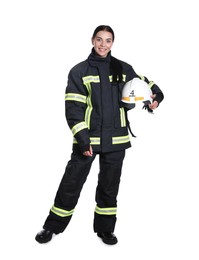 Full length portrait of firefighter in uniform with helmet on white background