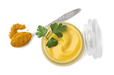 Photo of Jar with tasty curry sauce, powder and parsley isolated on white, top view