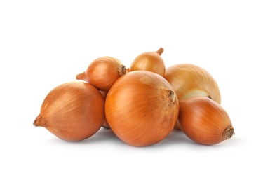 Photo of Fresh ripe onions on white background