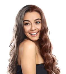Image of Beautiful woman before and after hair coloring on white background 