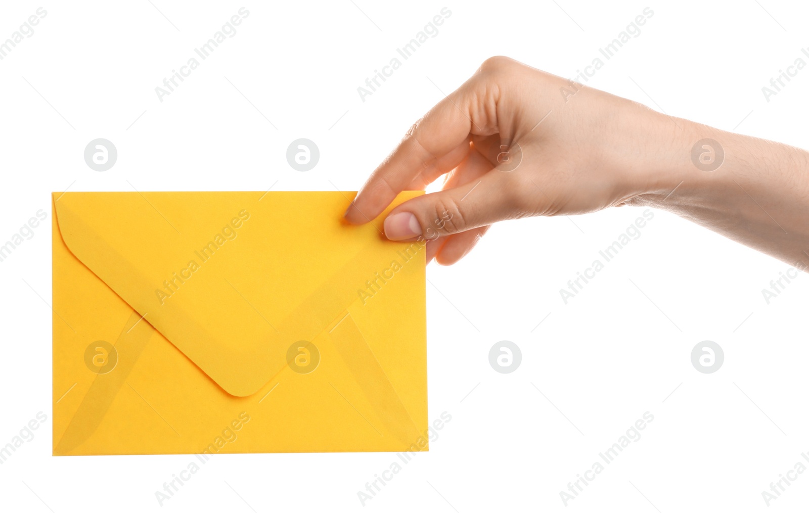 Photo of Woman holding yellow paper envelope on white background, closeup