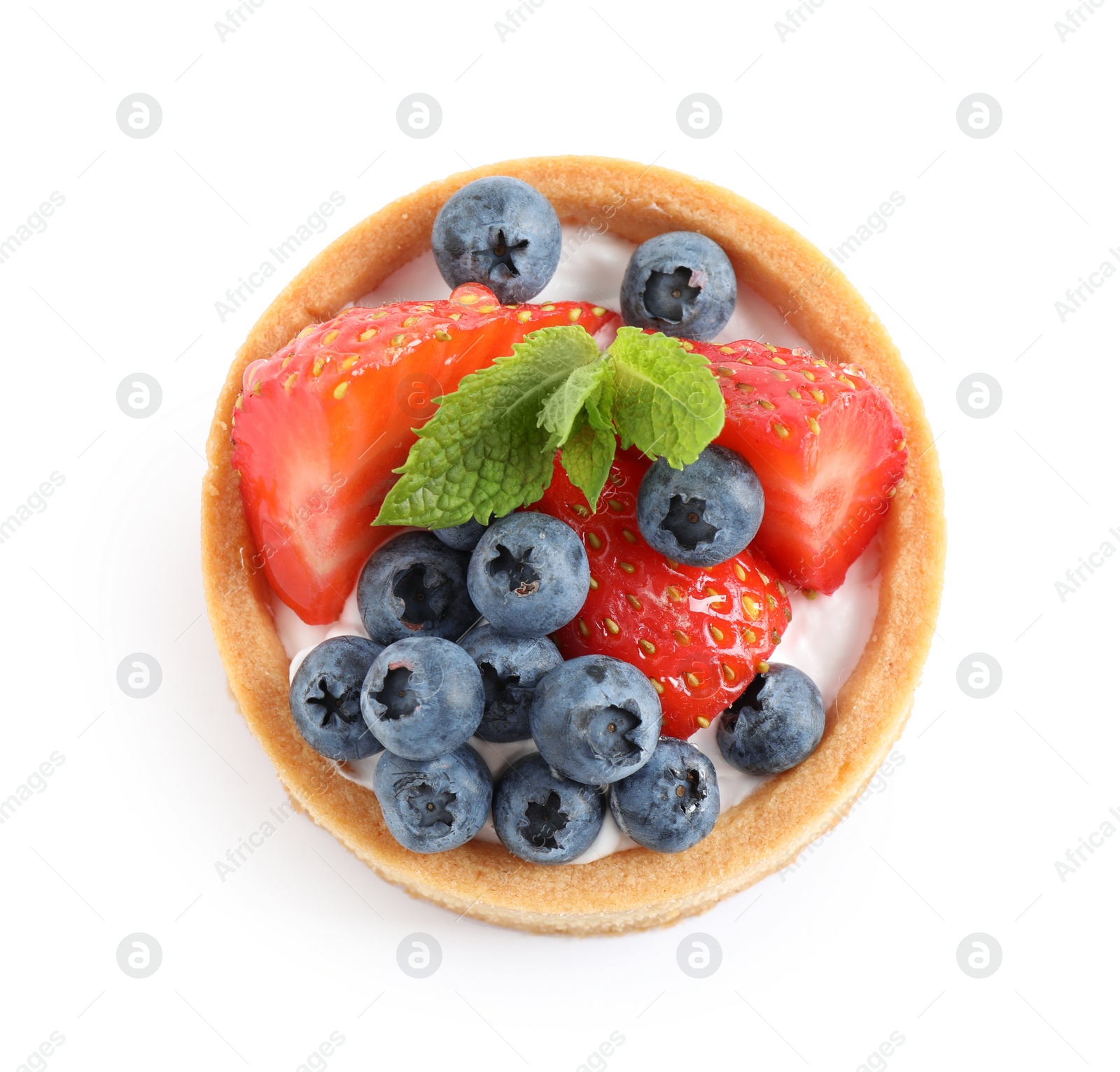 Photo of Delicious sweet pastry with berries on white background, top view