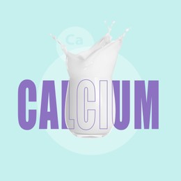 Image of Glass of fresh tasty milk on light blue background. Source of calcium
