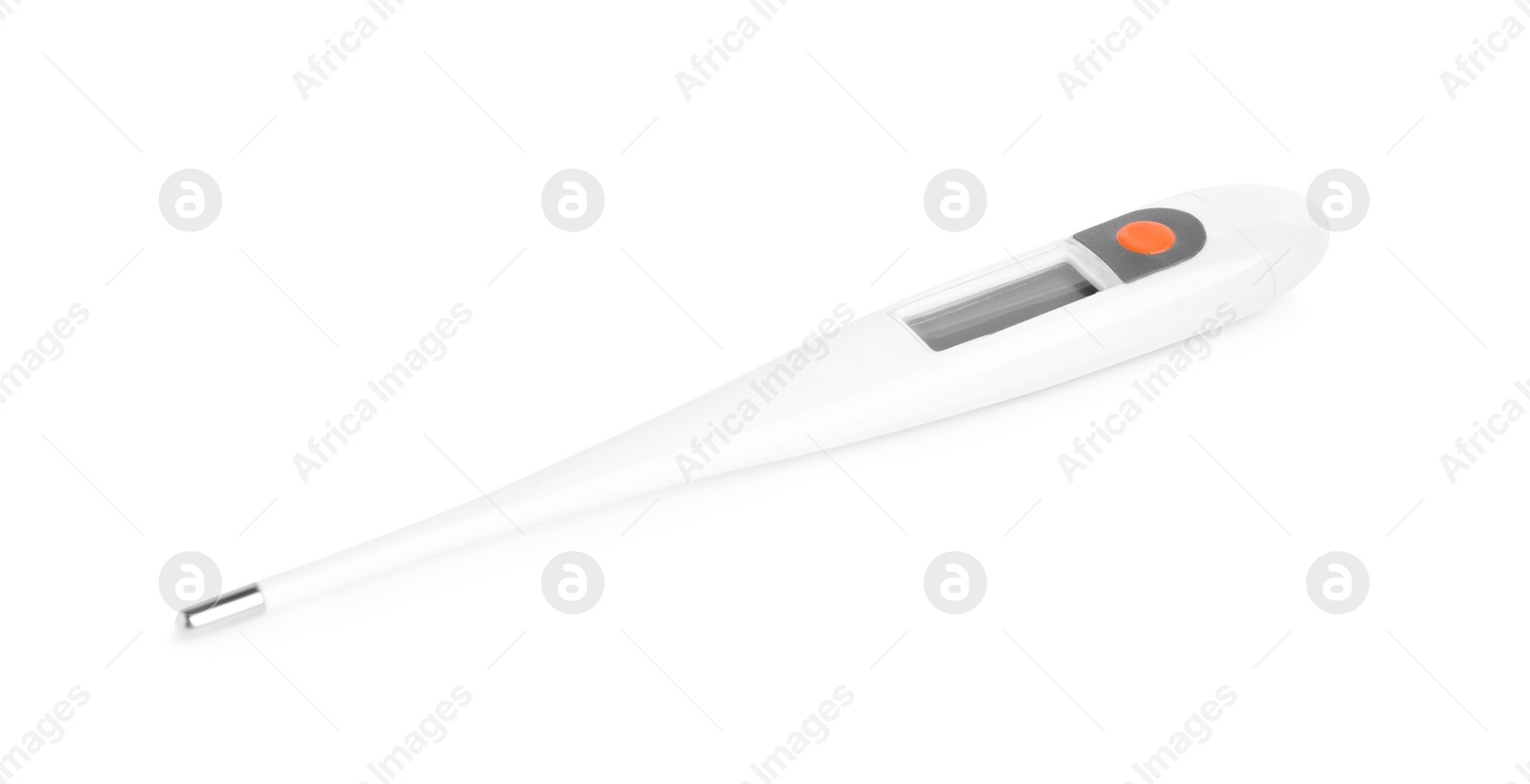 Photo of Modern digital thermometer on white background. Measuring temperature