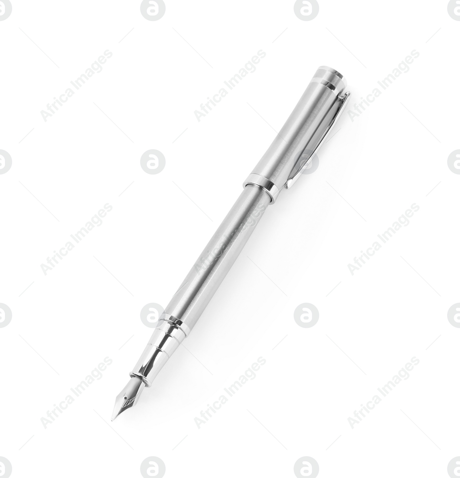 Photo of Stylish silver fountain pen isolated on white