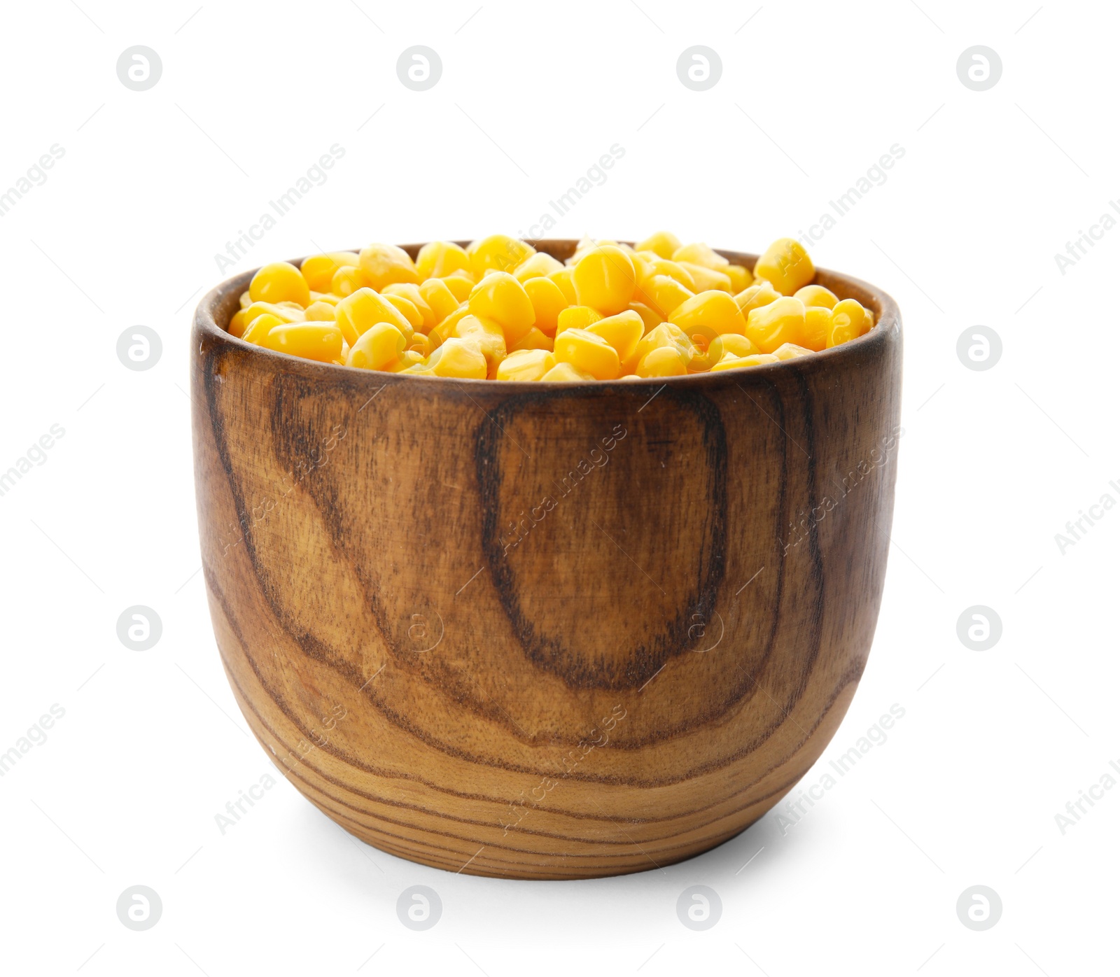 Photo of Bowl with corn kernels on white background