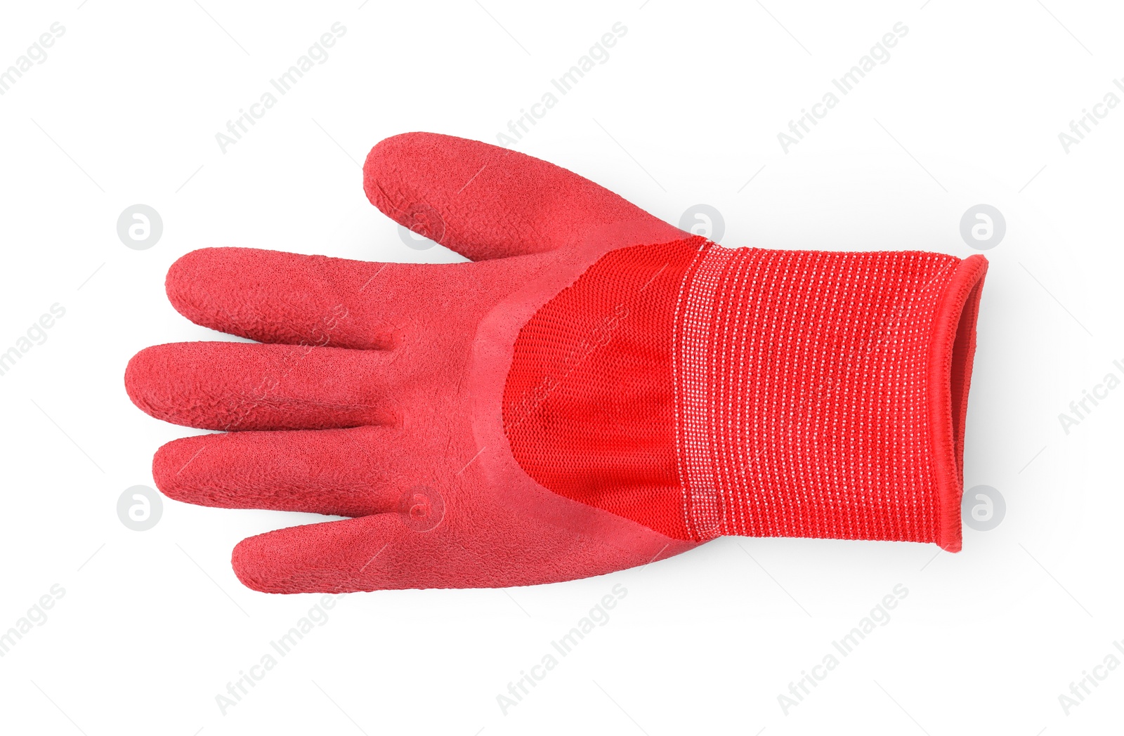 Photo of One red gardening glove isolated on white, top view