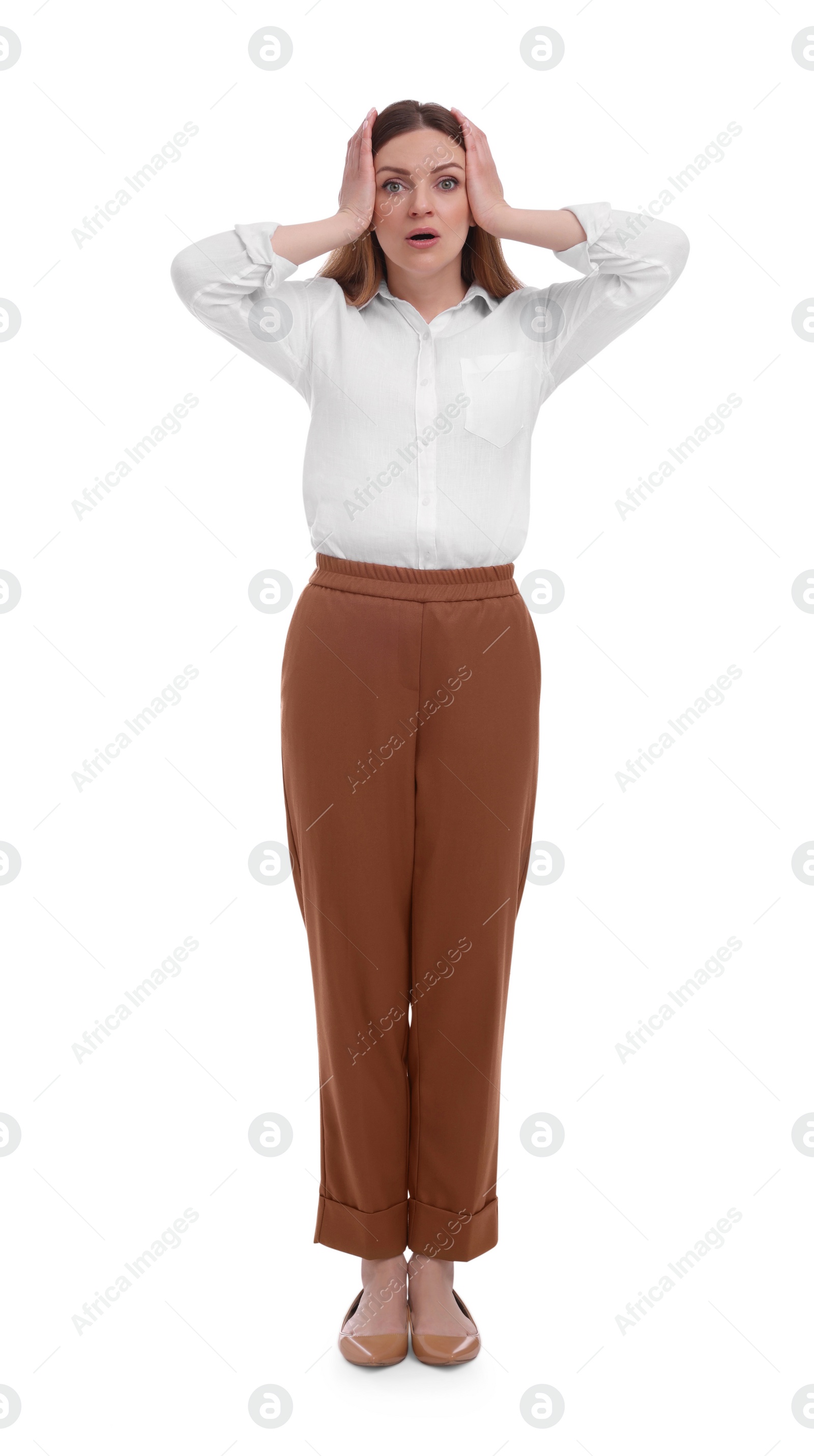 Photo of Full length portrait of beautiful emotional business woman on white background