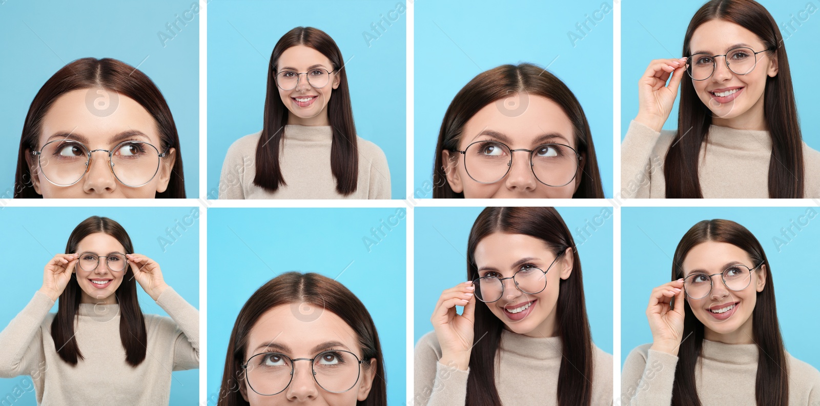 Image of Woman in glasses on light blue background, collection of photos