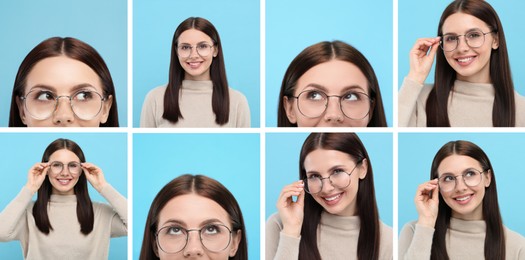 Woman in glasses on light blue background, collection of photos