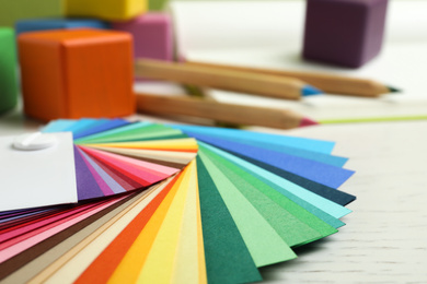 Color palette on white wooden table, closeup