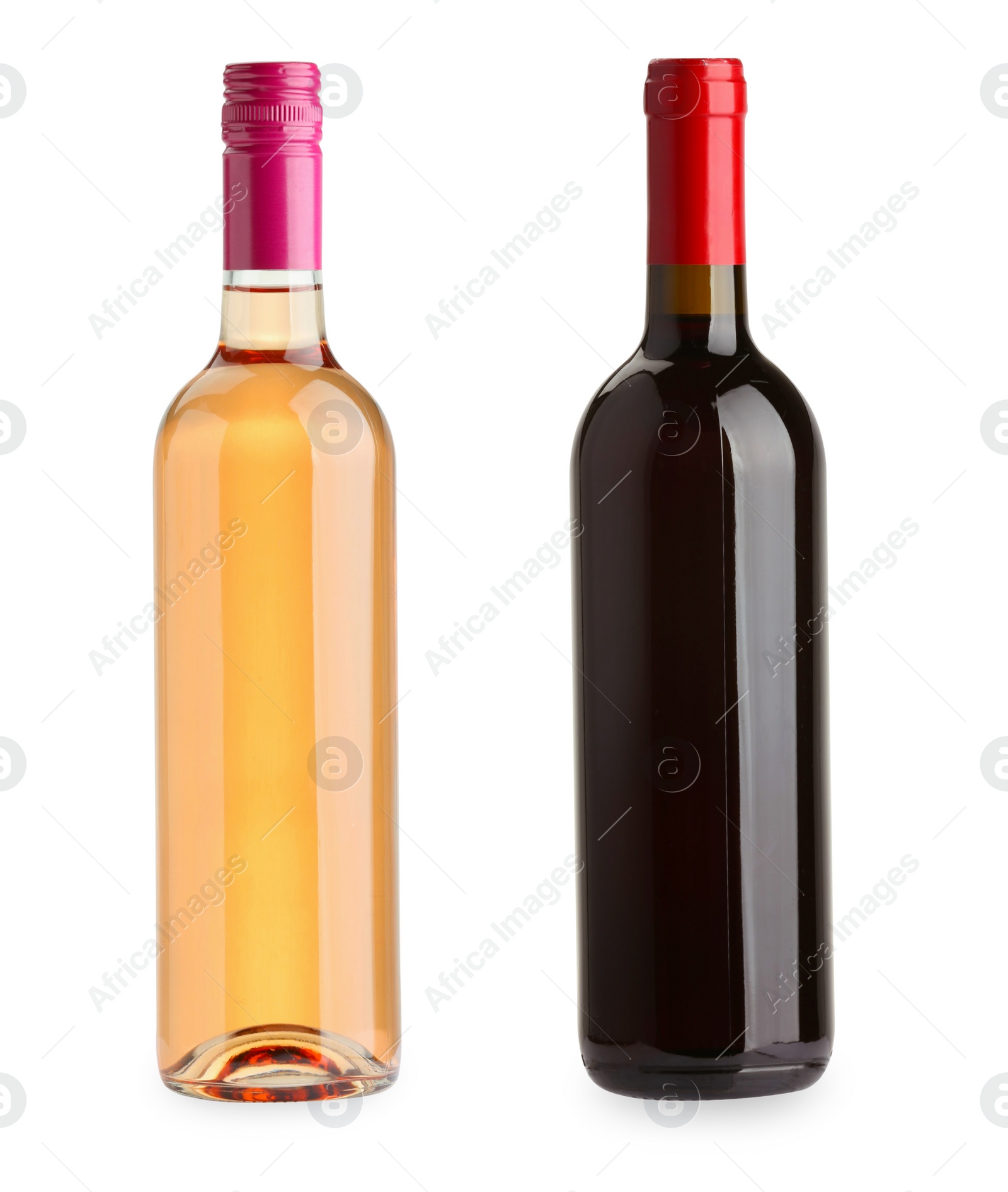 Image of Bottles of rose and red wine isolated on white