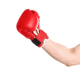 Photo of Man in boxing glove on white background, closeup