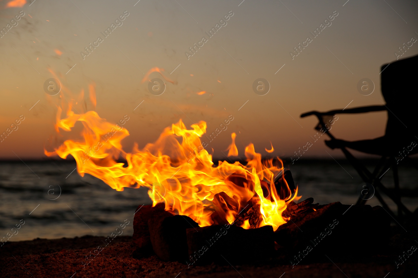 Photo of Beautiful bonfire with burning firewood on beach in evening