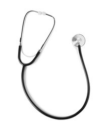 Photo of Stethoscope on white background, top view. Medical device