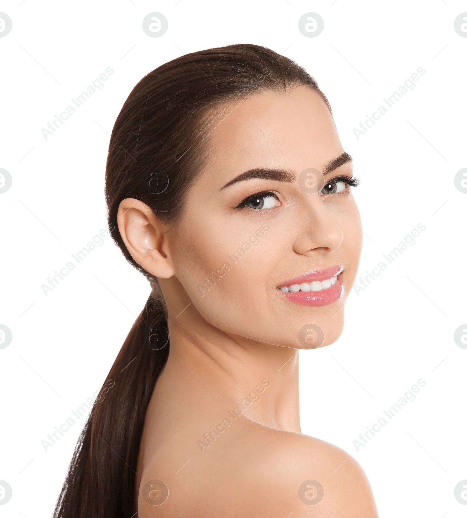 Photo of Young woman with beautiful makeup on white background. Professional cosmetic products