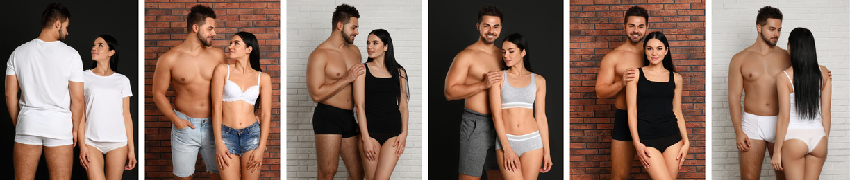 Collage of young couple in underwear on different backgrounds. Banner design 