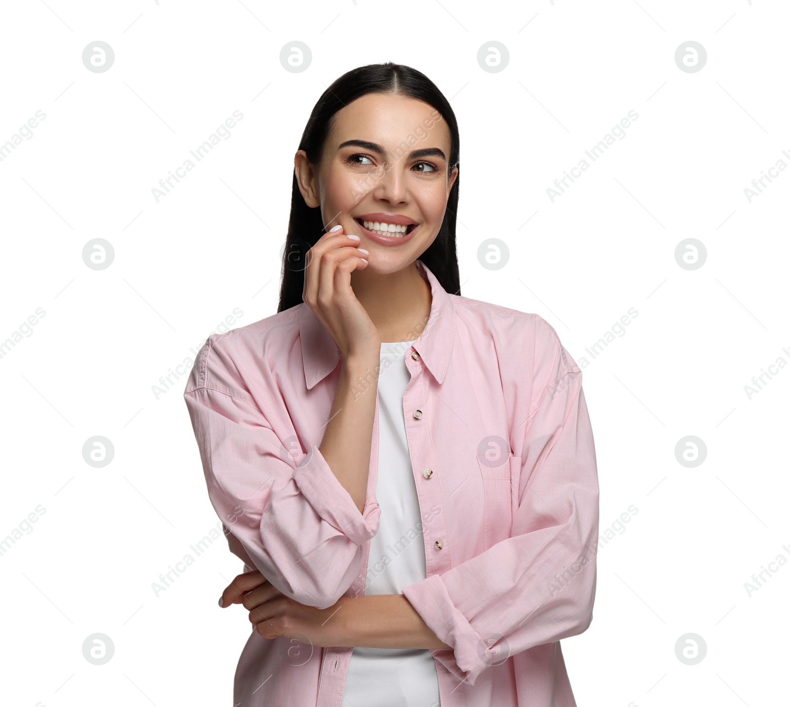 Photo of Beautiful woman with clean teeth smiling on white background