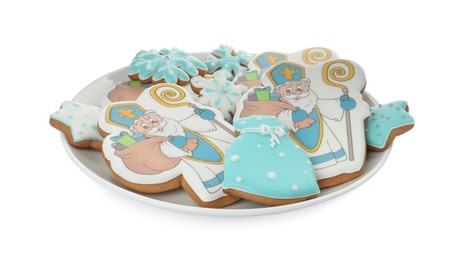 Tasty gingerbread cookies on white background. St. Nicholas Day celebration