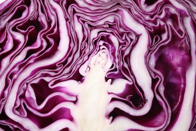 Photo of Cut fresh red cabbage as background, top view