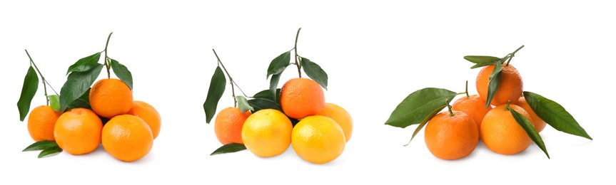 Image of Set with fresh ripe tangerines on white background. Banner design