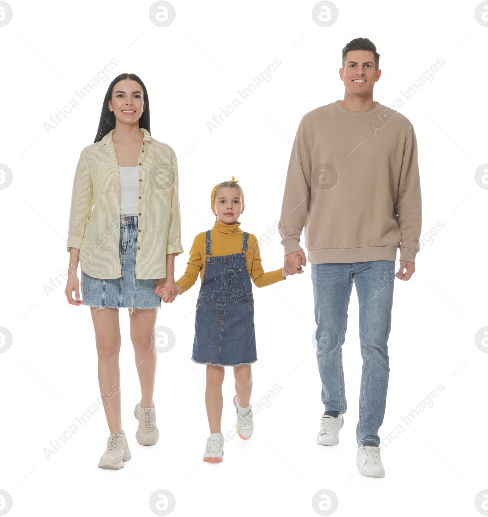 Photo of Little girl with her parents together on white background