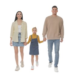 Little girl with her parents together on white background