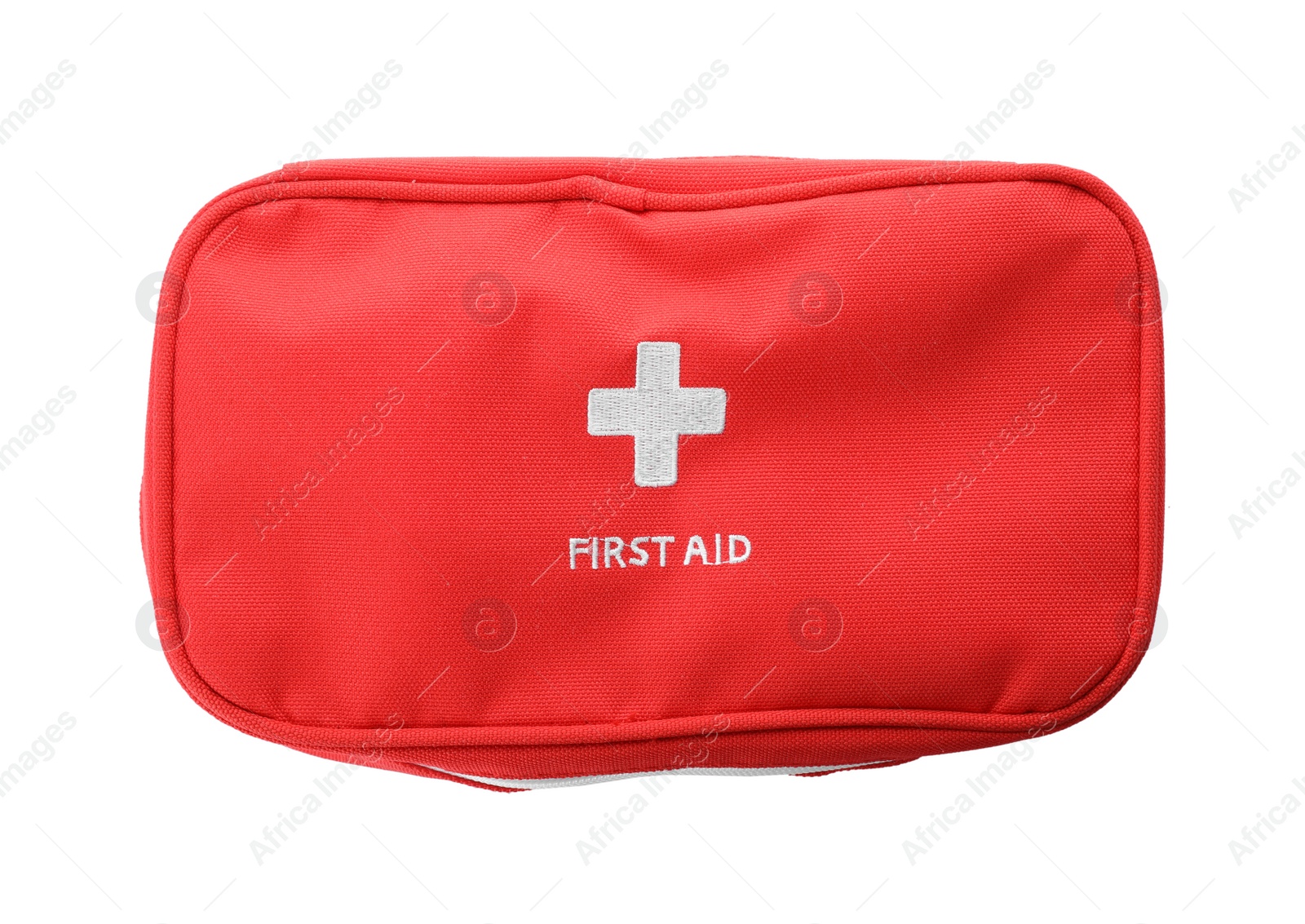 Photo of First aid kit on white background, top view
