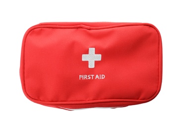 Photo of First aid kit on white background, top view
