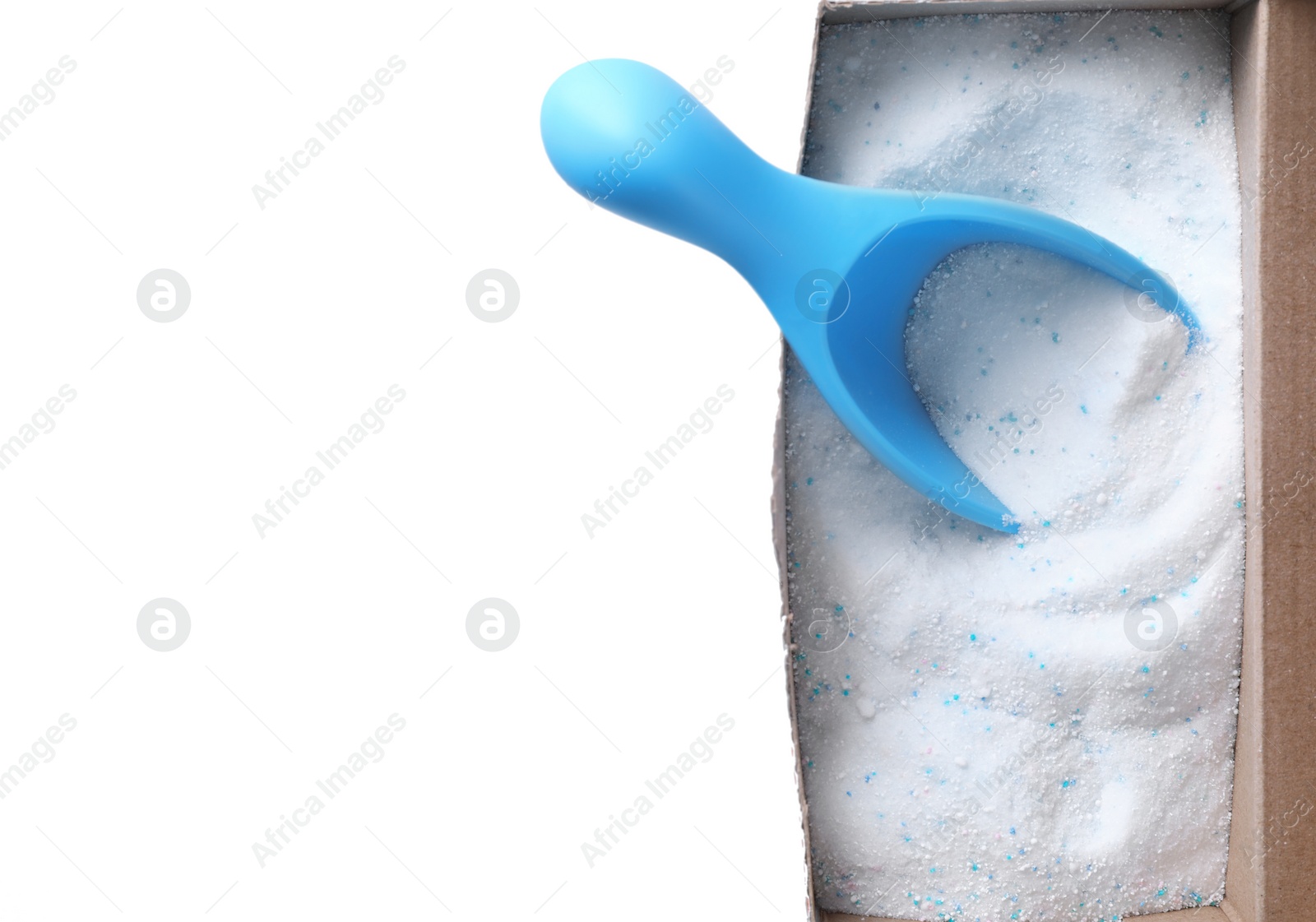 Photo of Open box with laundry powder and measuring scoop isolated on white, top view