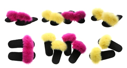 Image of Collage with fluffy slippers on white background