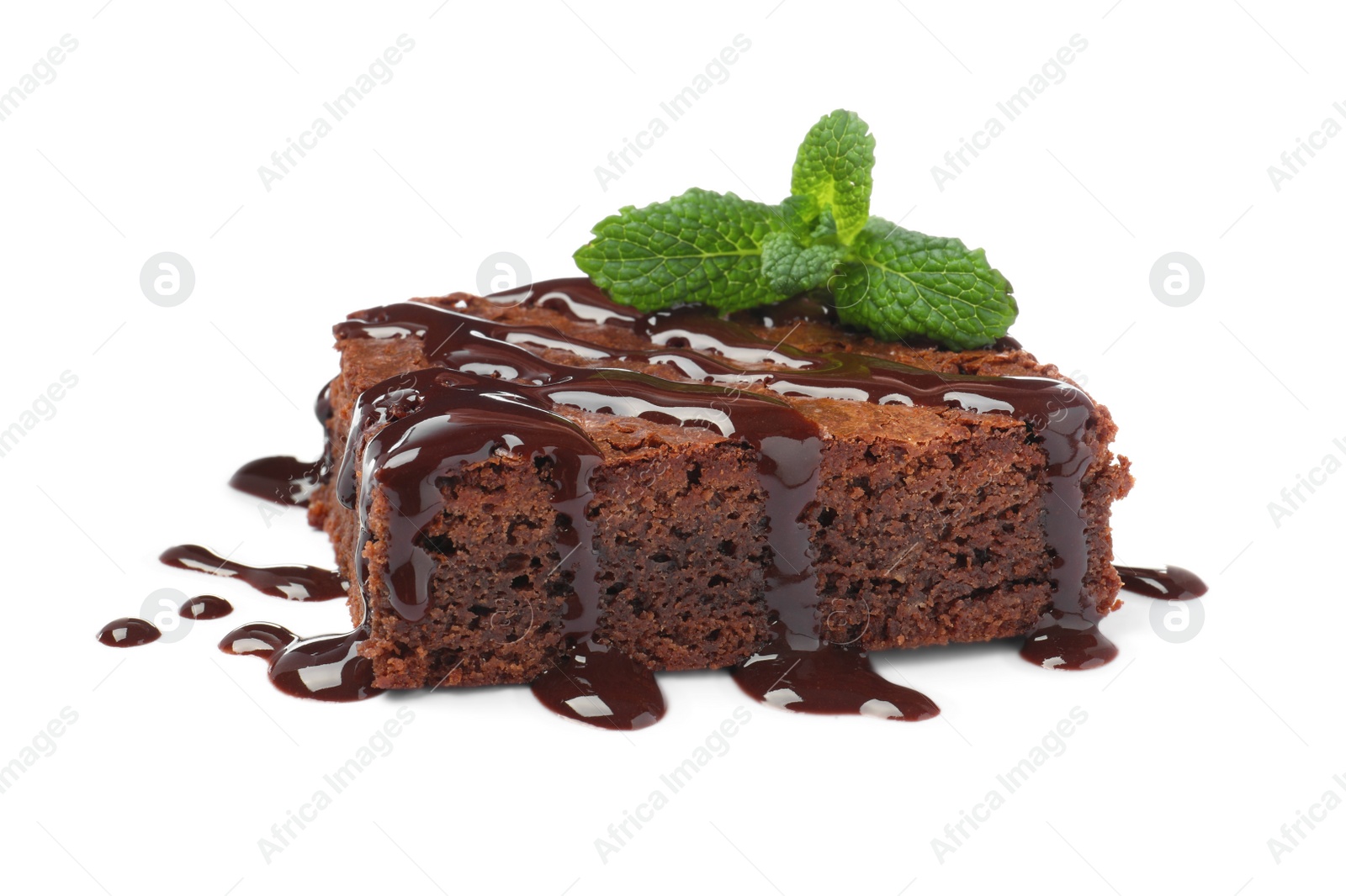 Photo of Delicious chocolate brownie with sweet syrup and fresh mint on white background