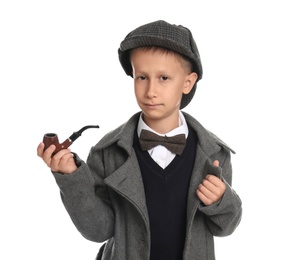 Photo of Cute little detective with smoking pipe on white background