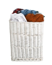 Photo of Wicker laundry basket full of dirty clothes on white background