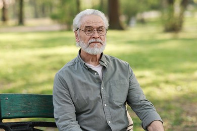 Portrait of happy grandpa with glasses on bench in park