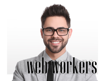 Young man wearing glasses on white background. Web workers