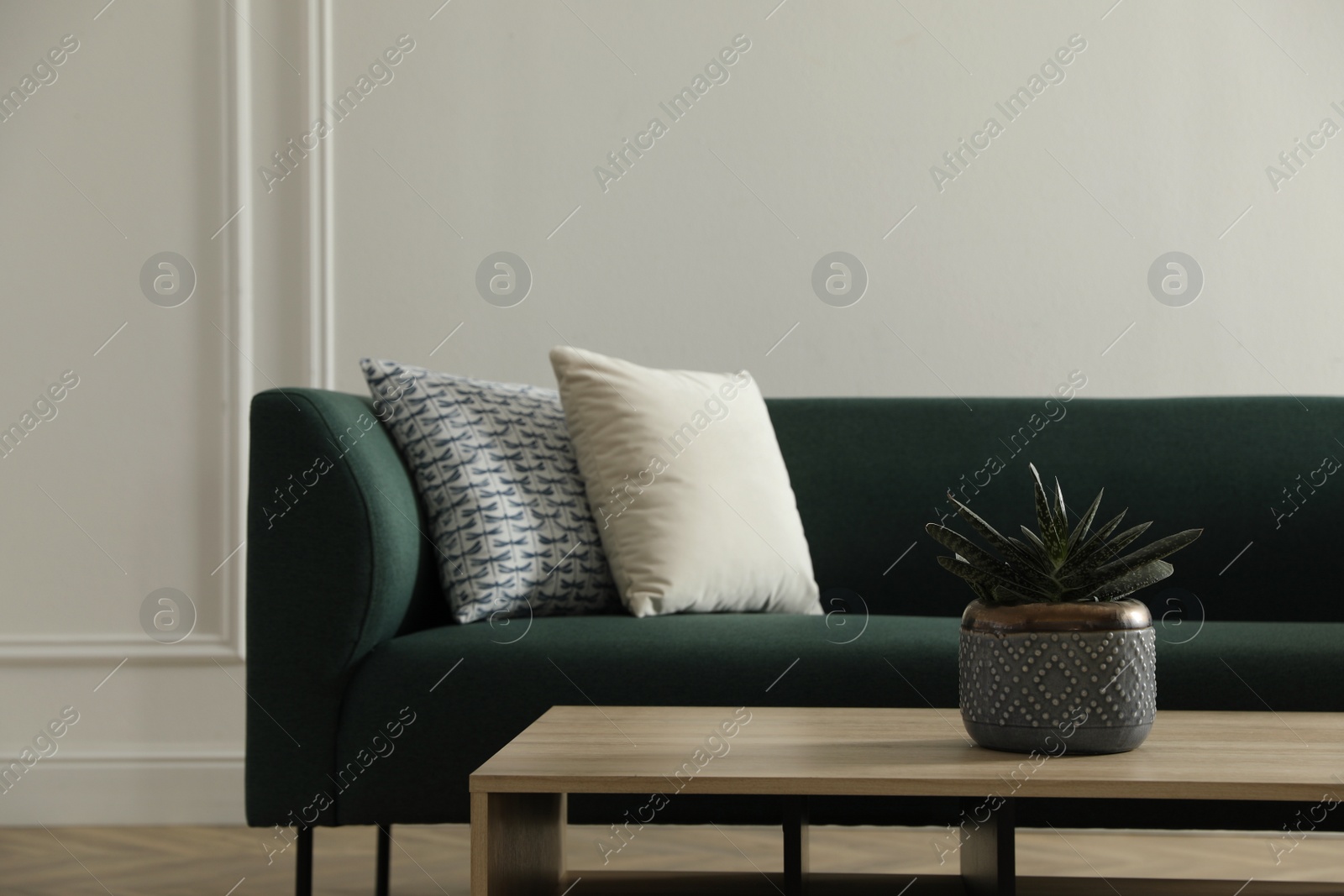 Photo of Stylish living room interior with comfortable green sofa and wooden table