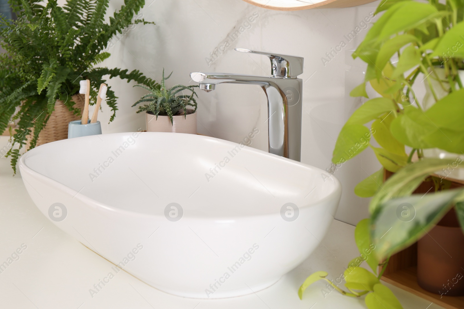 Photo of Bathroom counter with sink, beautiful green houseplants and toothbrushes near white marble wall