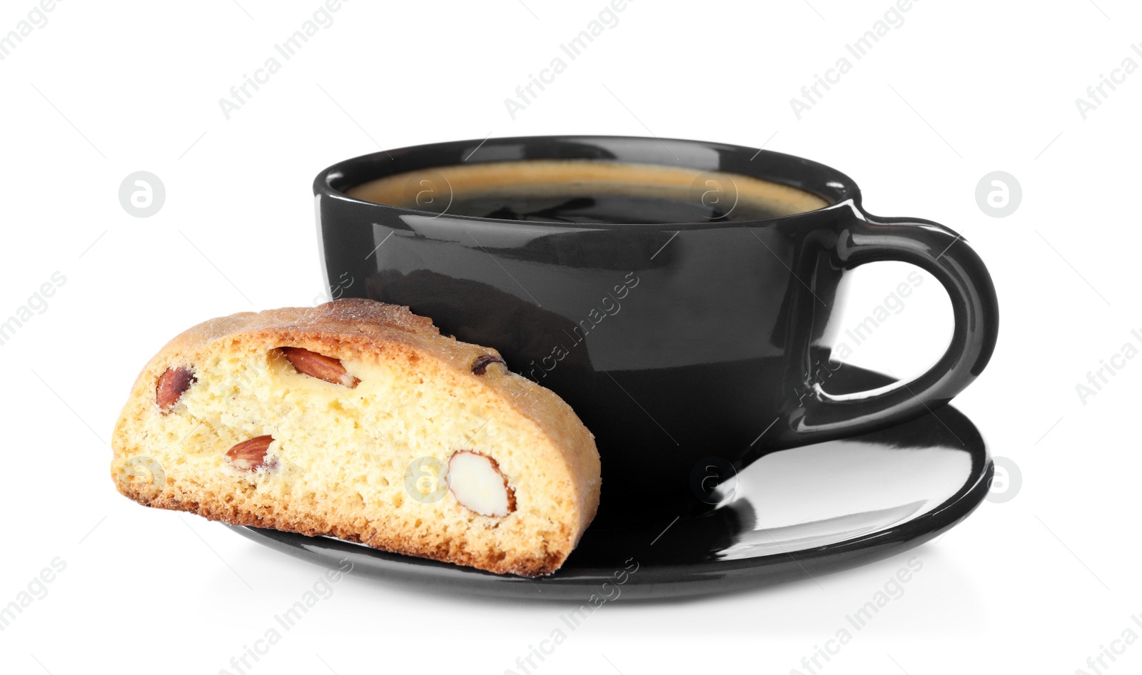 Photo of Tasty cantucci and cup of aromatic coffee on white background. Traditional Italian almond biscuits