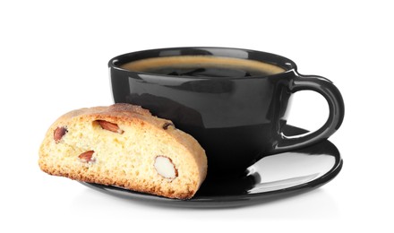 Photo of Tasty cantucci and cup of aromatic coffee on white background. Traditional Italian almond biscuits